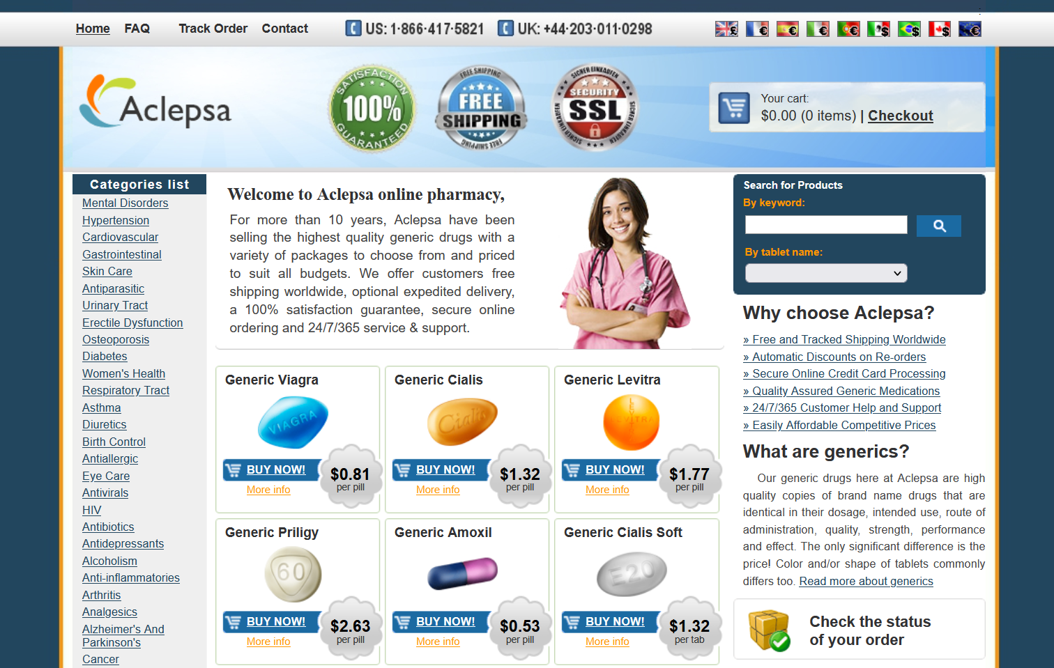 Aclepsa homepage and category navigation