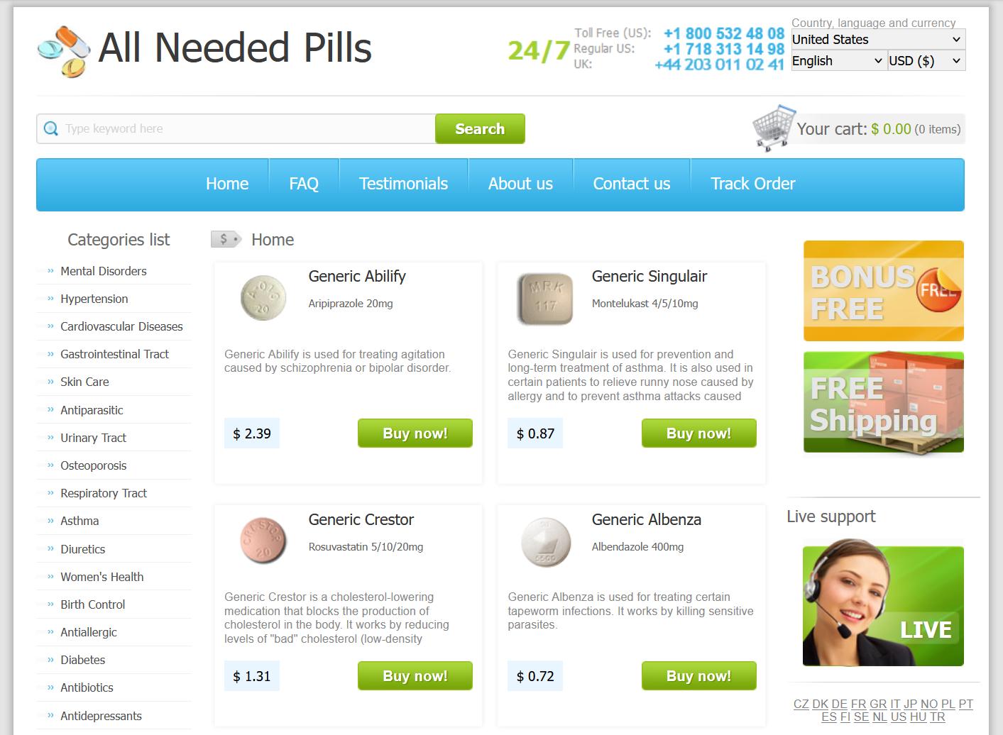 AllNeededPills homepage interface with category menu and search bar