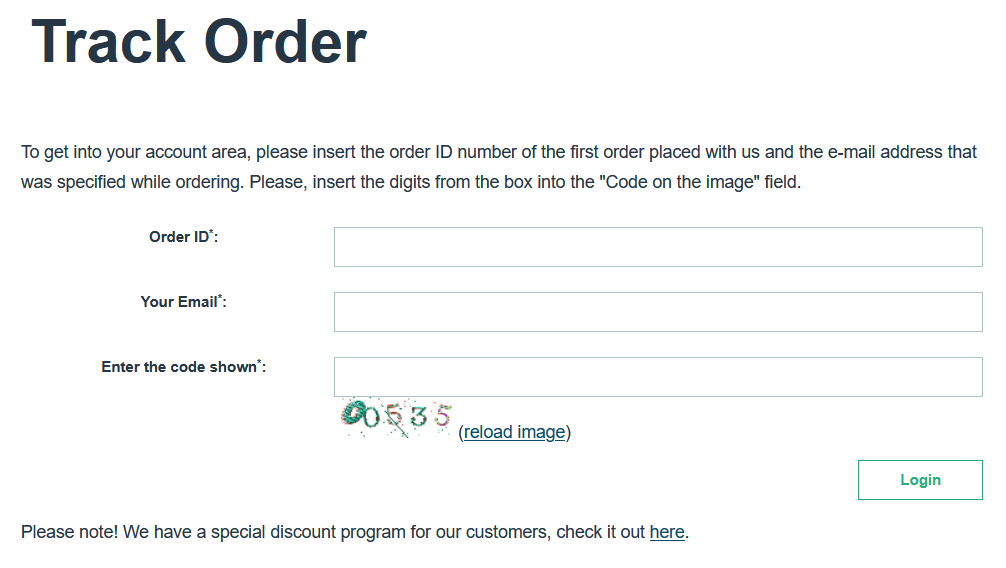 Order tracking and account management page