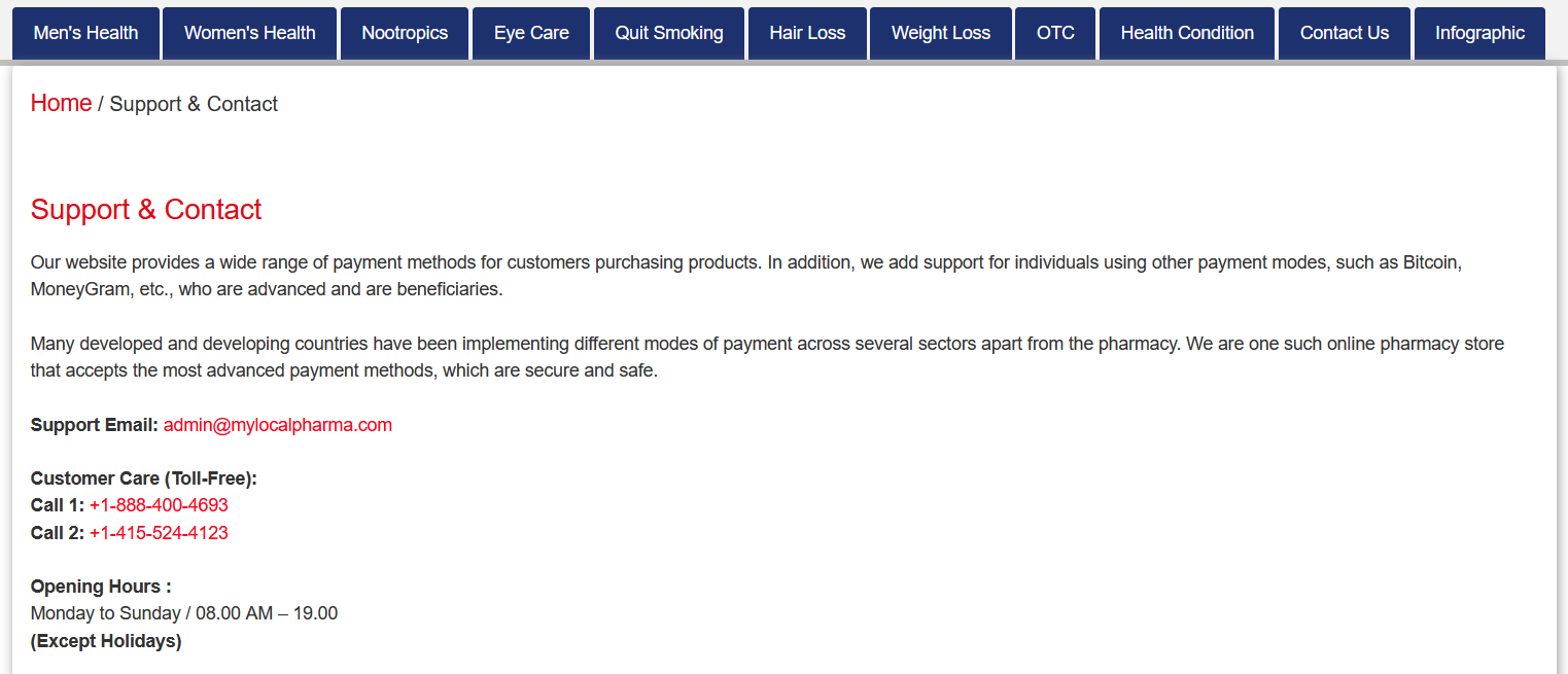 MyLocalPharma support and contact page