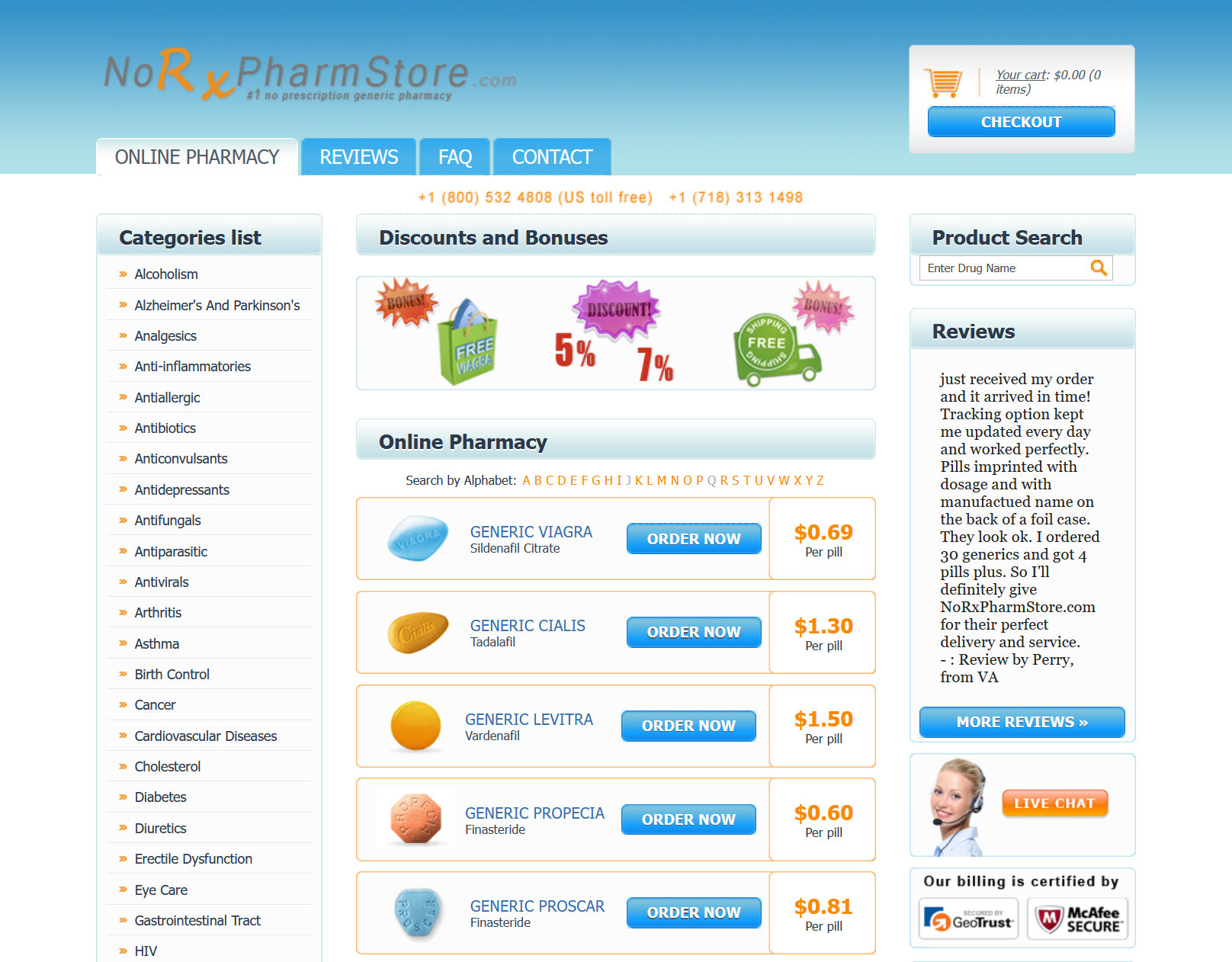 NoRxPharmstore homepage layout