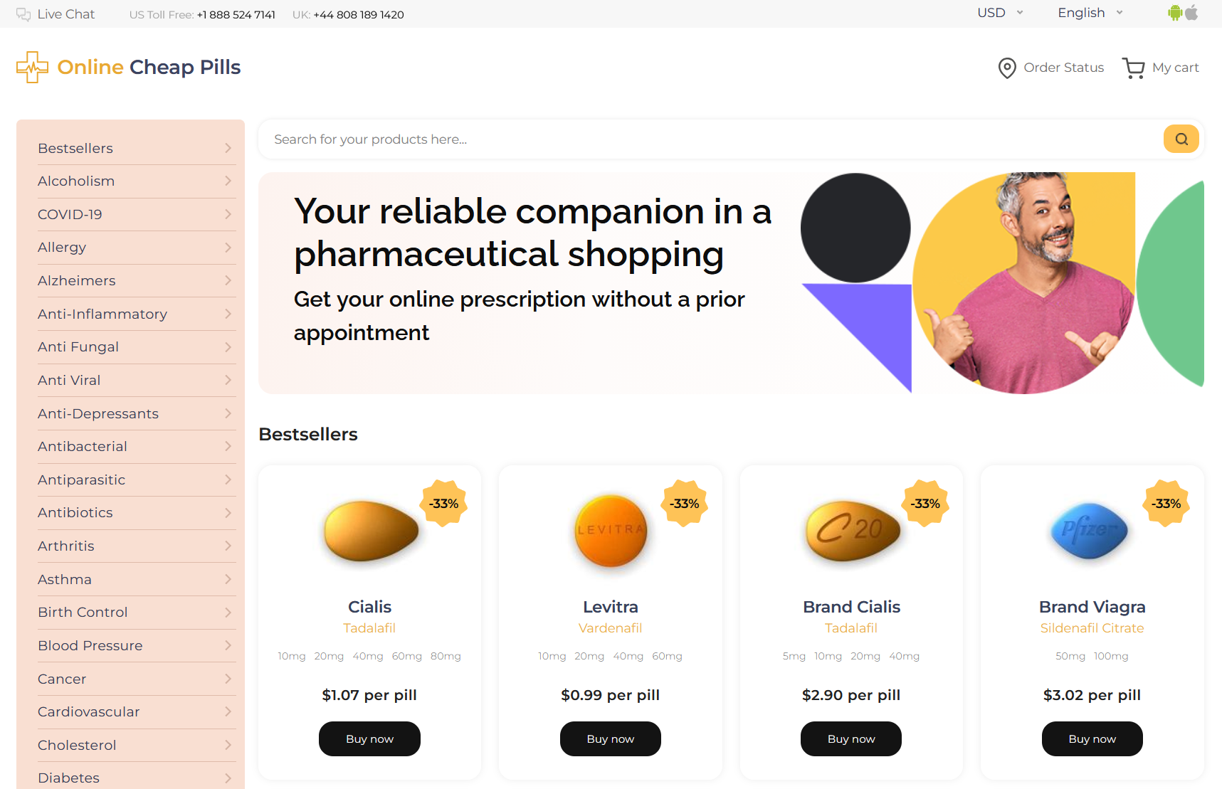OnlineCheapPills homepage layout