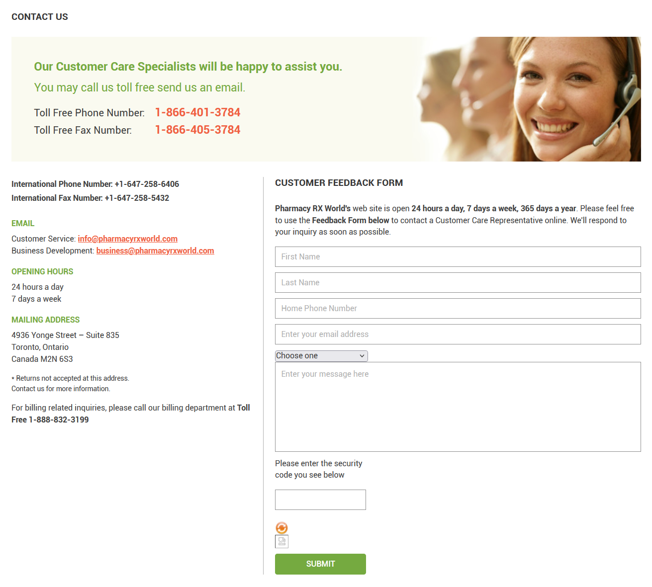 PharmacyRxWorld customer support and contact page