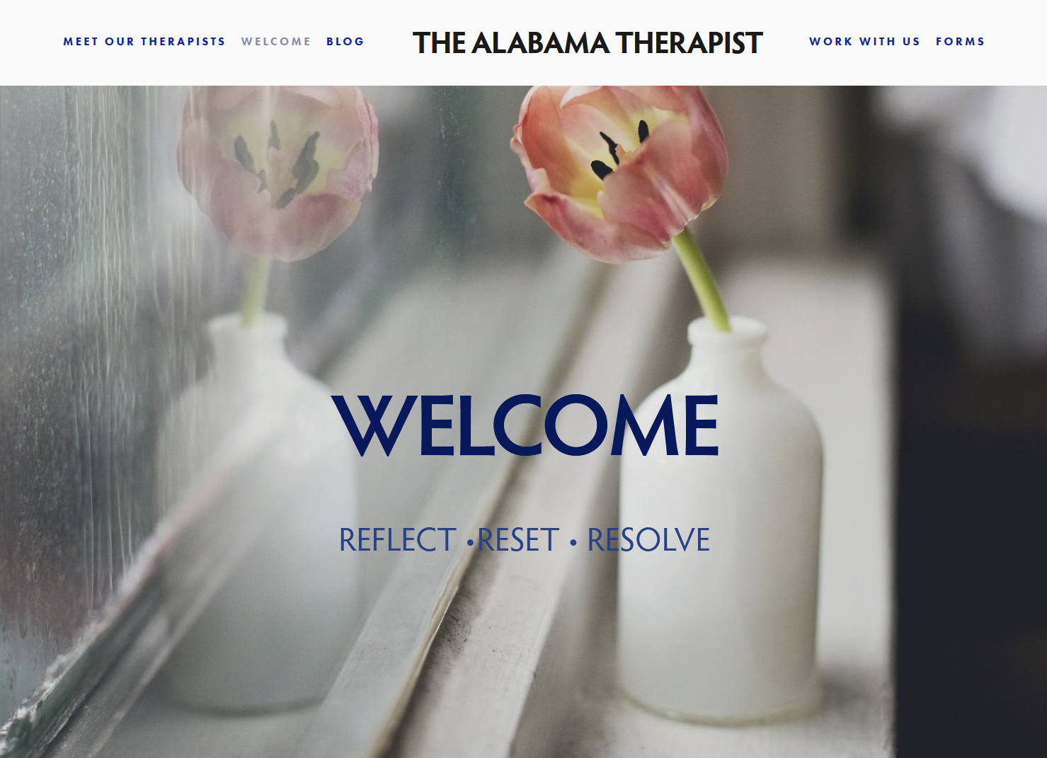 Homepage of The Alabama Therapist website, featuring a clean layout with therapist profiles, scheduling links, and mental health resources.